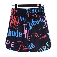 Rhude Black All‑Over Multicolor Logo Shorts