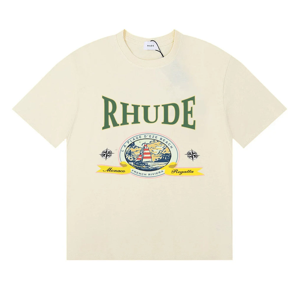 Rhude Retro Globe Badge Green Letter Cream Oversized T‑Shirt