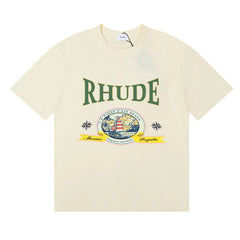 Rhude Retro Globe Badge Green Letter Cream Oversized T‑Shirt