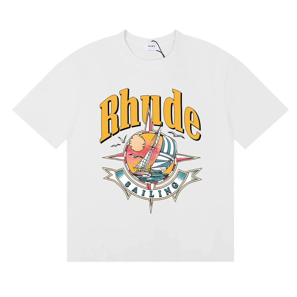 Rhude Sailing Compass Sailboat Vintage Graphic White Oversized T‑Shirt