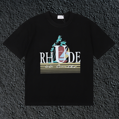 Rhude Palm Retro Striped Logo Black Oversized T‑Shirt
