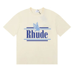 Rhude Eagle Graphic Blue Logo Cream Oversized T‑Shirt