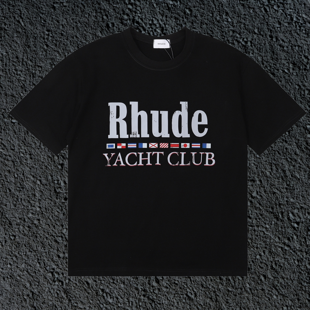 Rhude Yacht Club International Flag Badge Vintage Black Oversized T‑Shirt