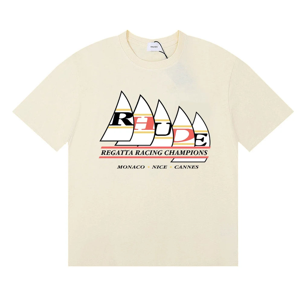 Rhude Regatta Racing Champions Sailboat Monaco Cream Oversized T‑Shirt