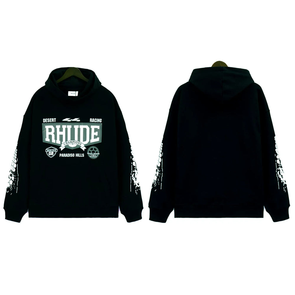 RHUDE Multi‑Badge Racing Sleeve Hoodie Black