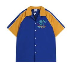 1. Rhude Palm Beach Embroidered Color‑Block Bowling Shirt Blue Yellow