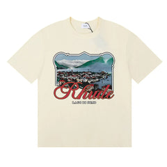 Rhude Coastal Town Postcard Scenery Red Script Logo Cream Oversized T‑Shirt