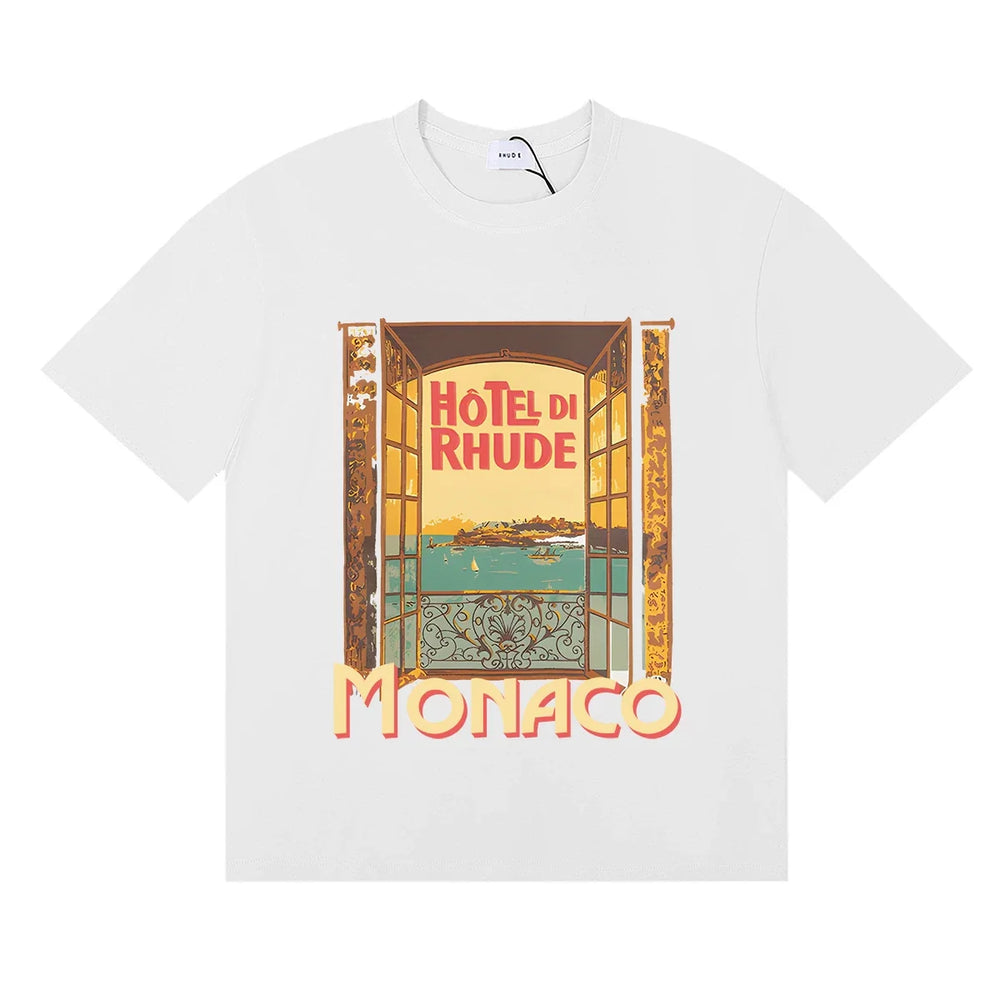 Rhude Hotel Di Rhude Monaco Window View Vintage White Oversized T‑Shirt