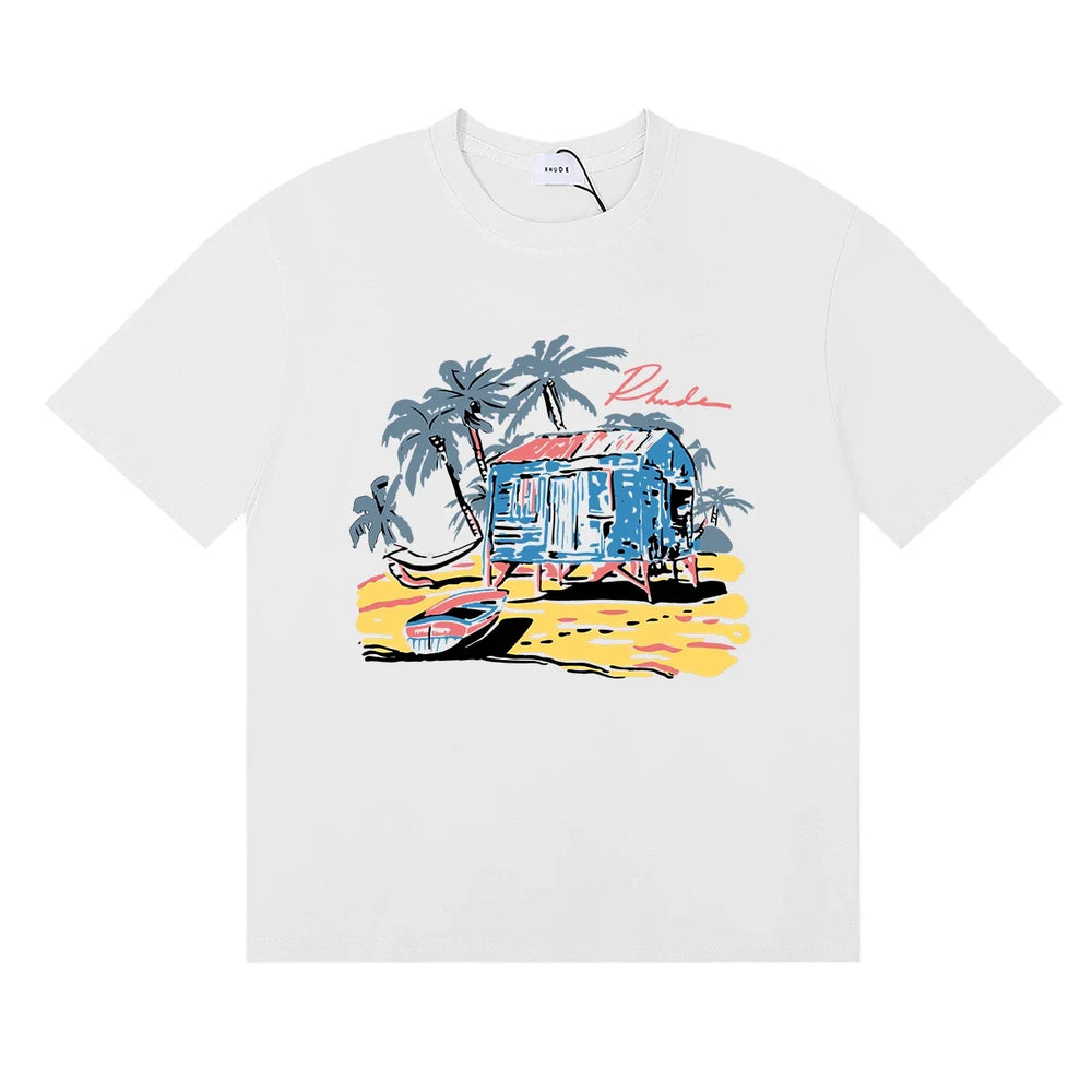 Rhude Tropical Beach Hut Palm Tree Retro White Oversized T‑Shirt