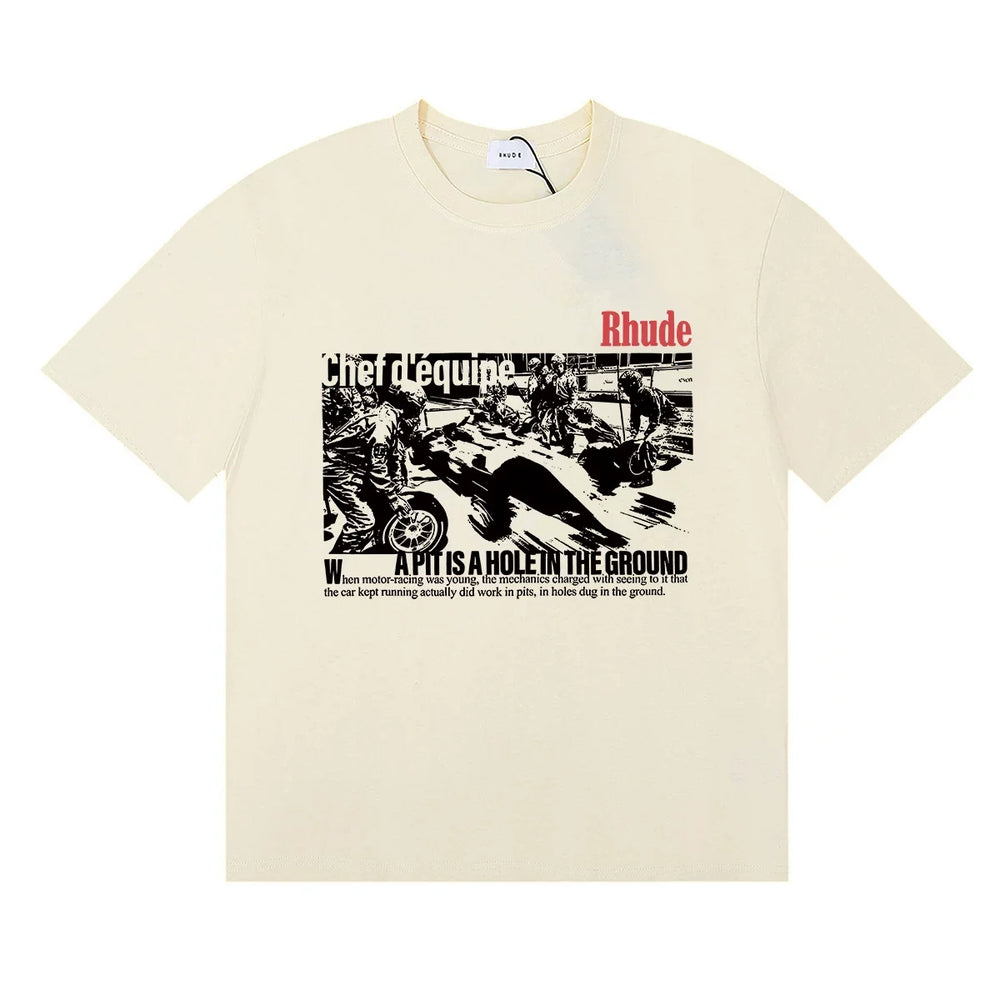 Rhude Black‑White Comic Motif Red Logo Cream Oversized T‑Shirt