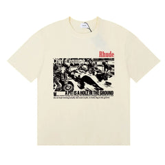 Rhude Black‑White Comic Motif Red Logo Cream Oversized T‑Shirt