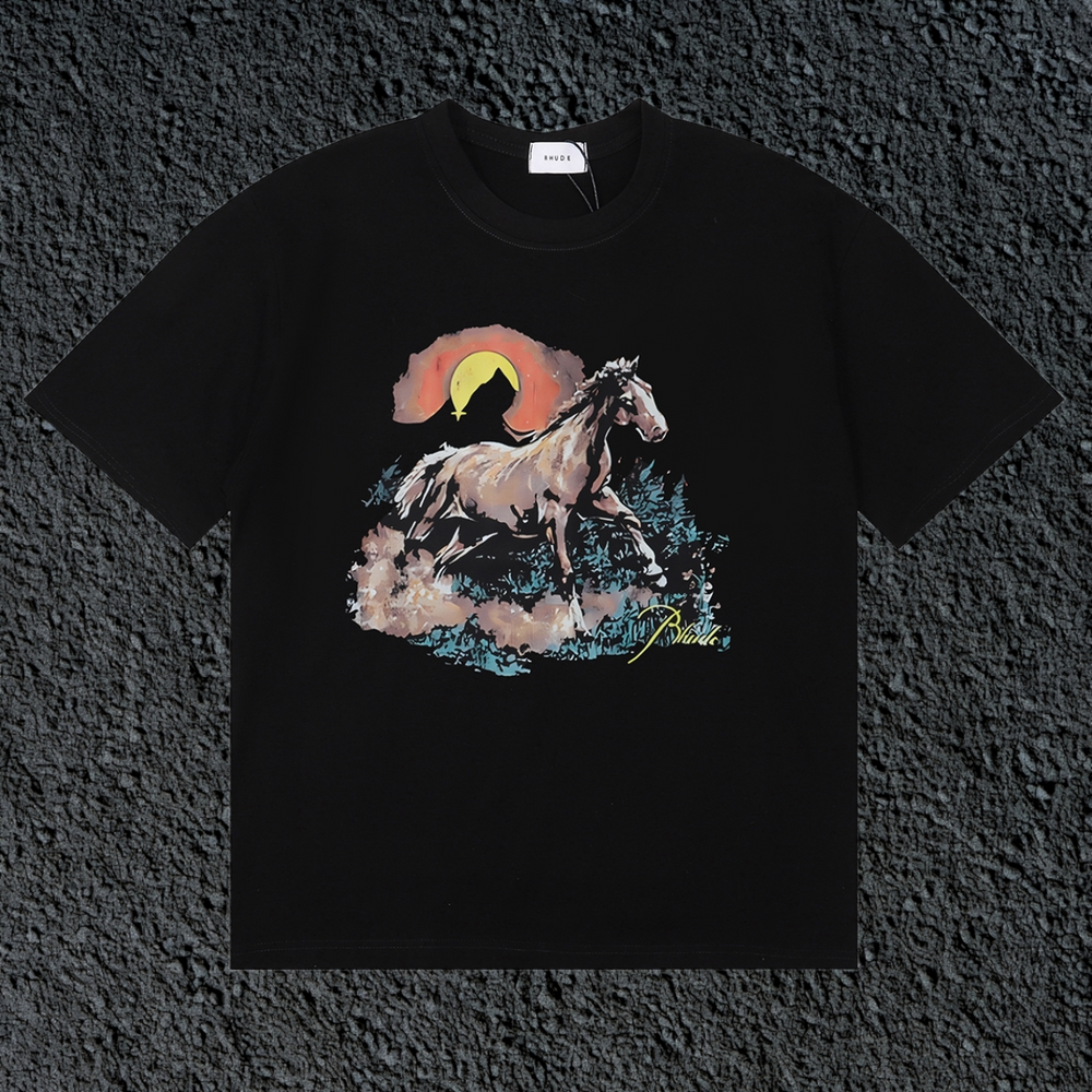 Rhude Wild Horse Sunset Western Landscape Black Oversized T‑Shirt
