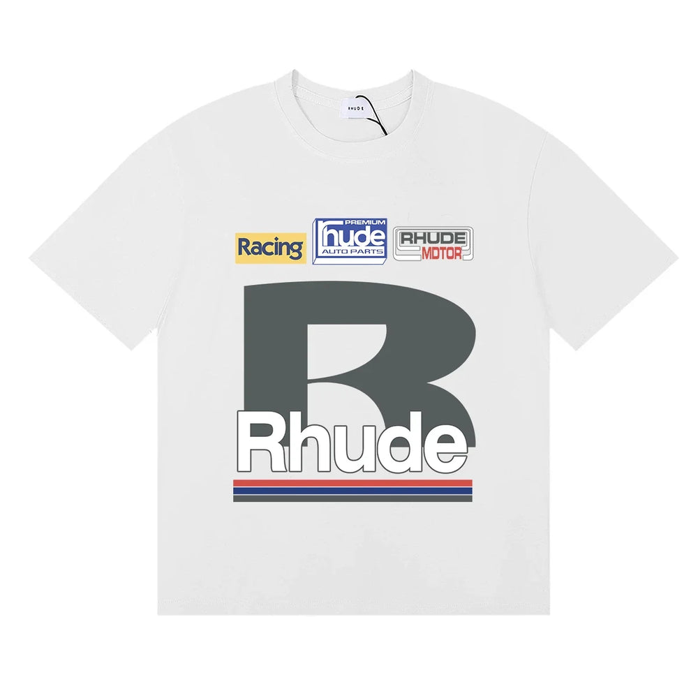 Rhude Big B Letter Racing Badge Patch‑Style White Oversized T‑Shirt