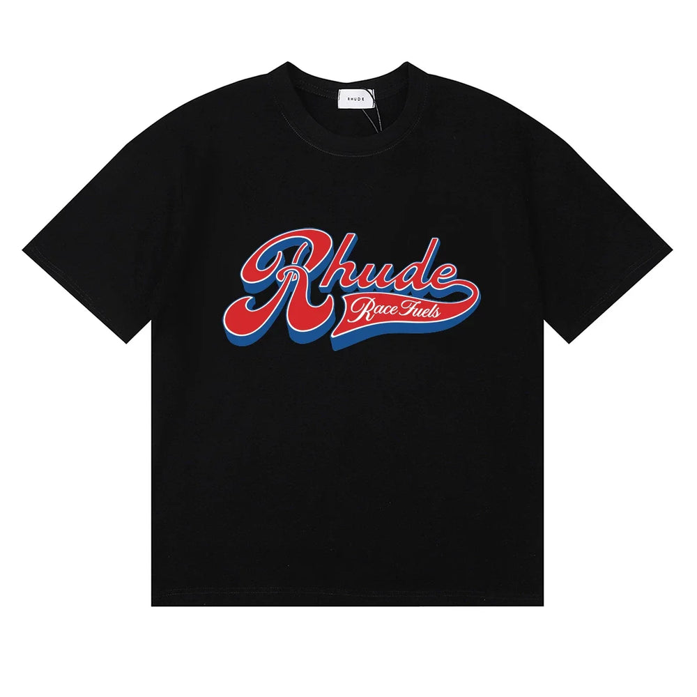 Rhude Retro Script Race Trust Logo Black Oversized T‑Shirt