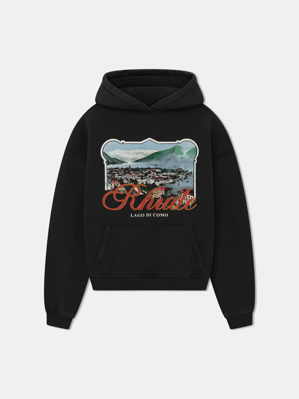 RHUDE Coastal Town Postcard Graphic Hoodie Black