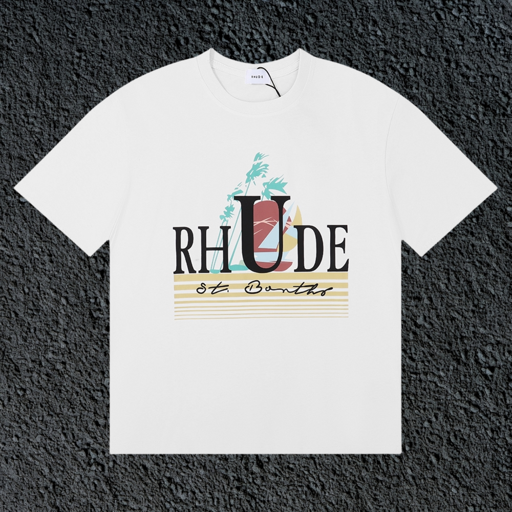 Rhude St Barts Palm Retro Striped Logo White Oversized T‑Shirt