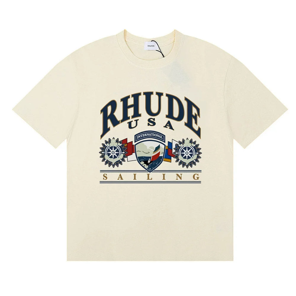 Rhude Retro Sailing Shield Print Casual Crew Neck T‑Shirt