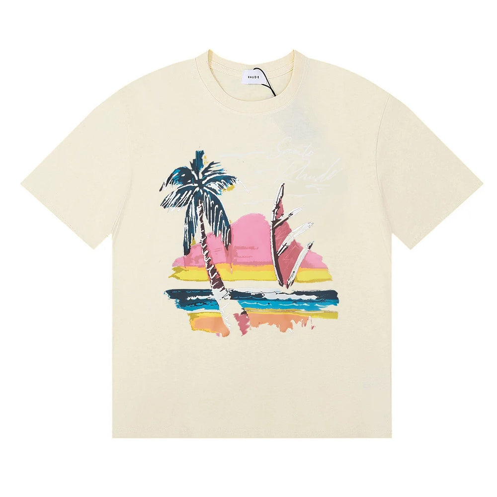 Rhude Sunset Beach Palm Sailboat Coastal Vintage Cream Oversized T‑Shirt