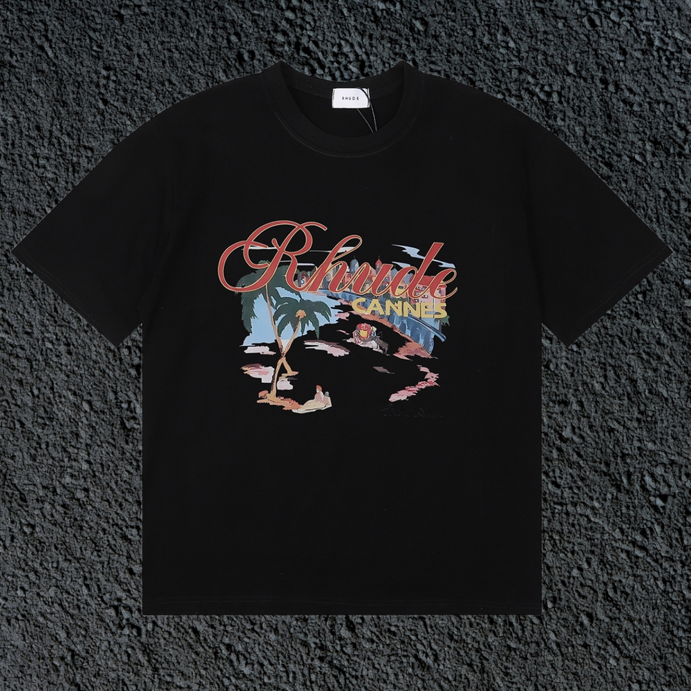Rhude Cannes Tropical Beach Scene Script Black Oversized T‑Shirt