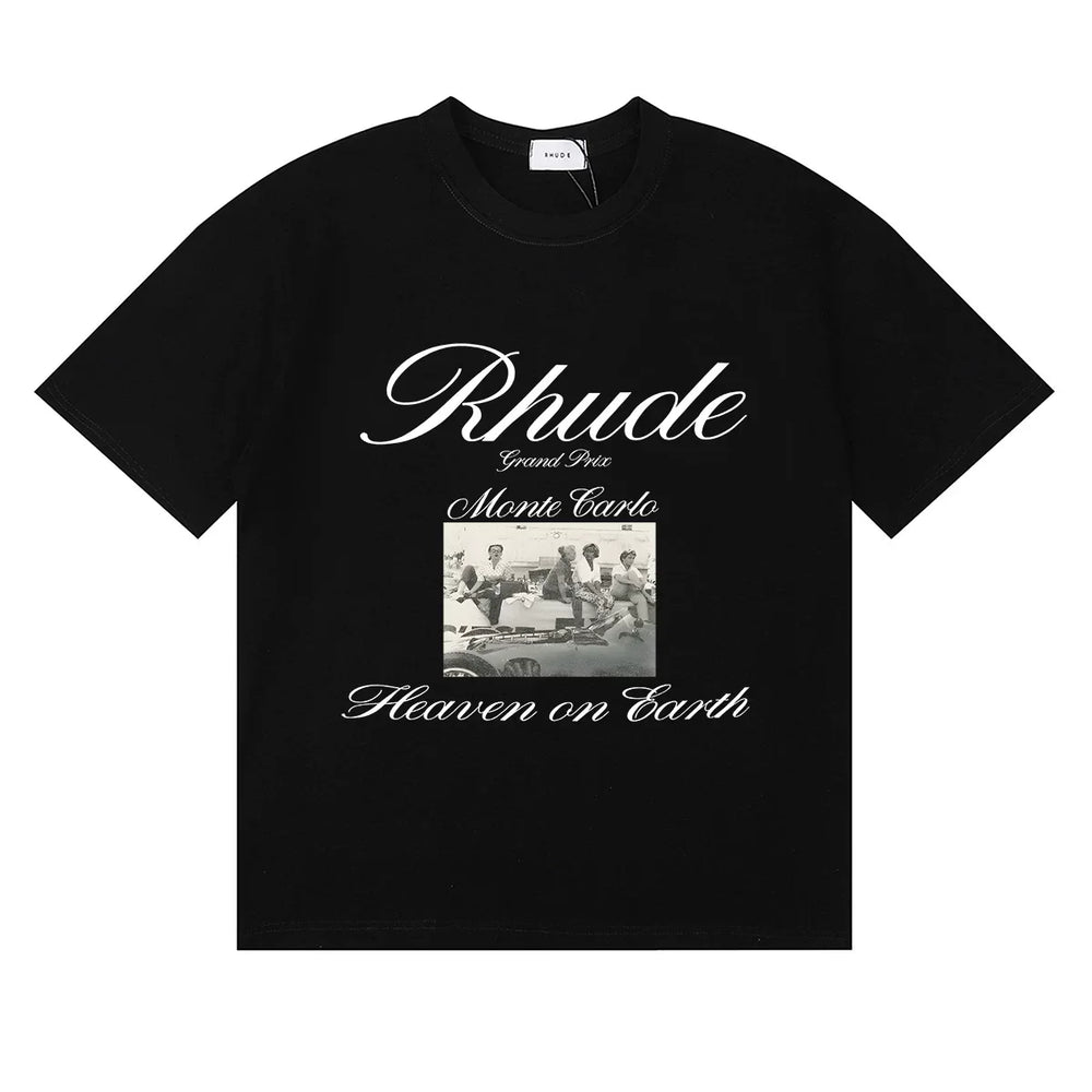 Rhude Monte Carlo Heaven On Earth Vintage Photo Print Black Oversized T‑Shirt