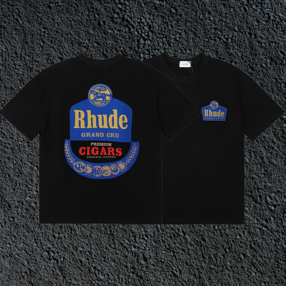 Rhude Grand Cru Cigars Label Dual Sided Black Oversized T‑Shirt