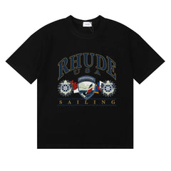 Rhude Arch Logo Sailing Wheel‑Flag Print Crew Neck Casual T‑Shirt