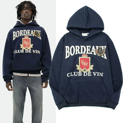 Rhude Bordeaux Club Wine Crest Graphic Oversized Hoodie Navy