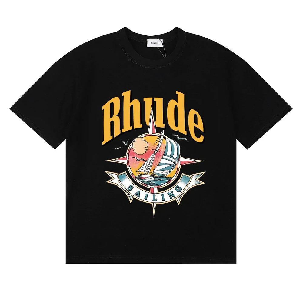 Rhude Sailing Compass Sailboat Vintage Graphic Black Oversized T‑Shirt