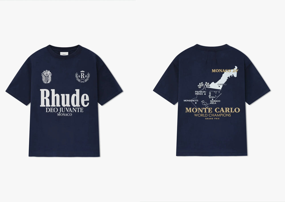 Rhude Monte Carlo Monaco Map Crest Dual‑Sided Oversized T‑Shirt Navy