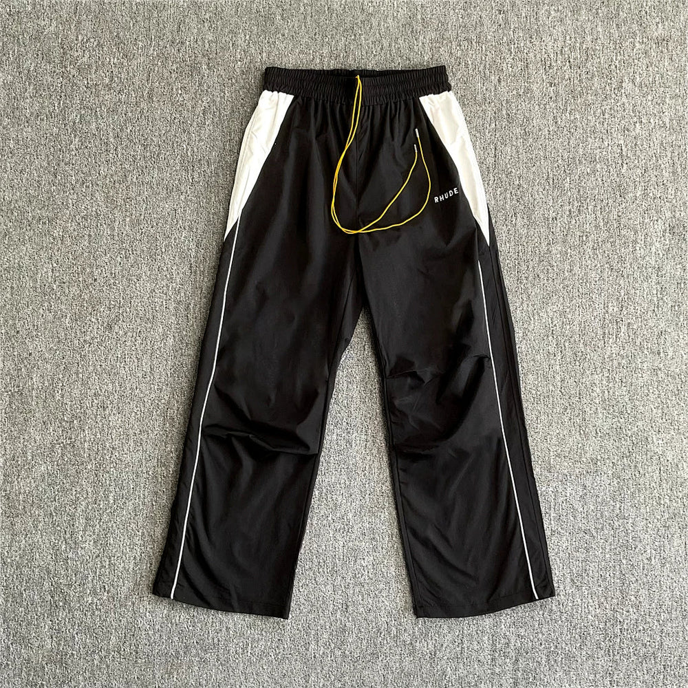 Rhude Knee Pleated Color‑Block Wide Leg Nylon Track Pants Black
