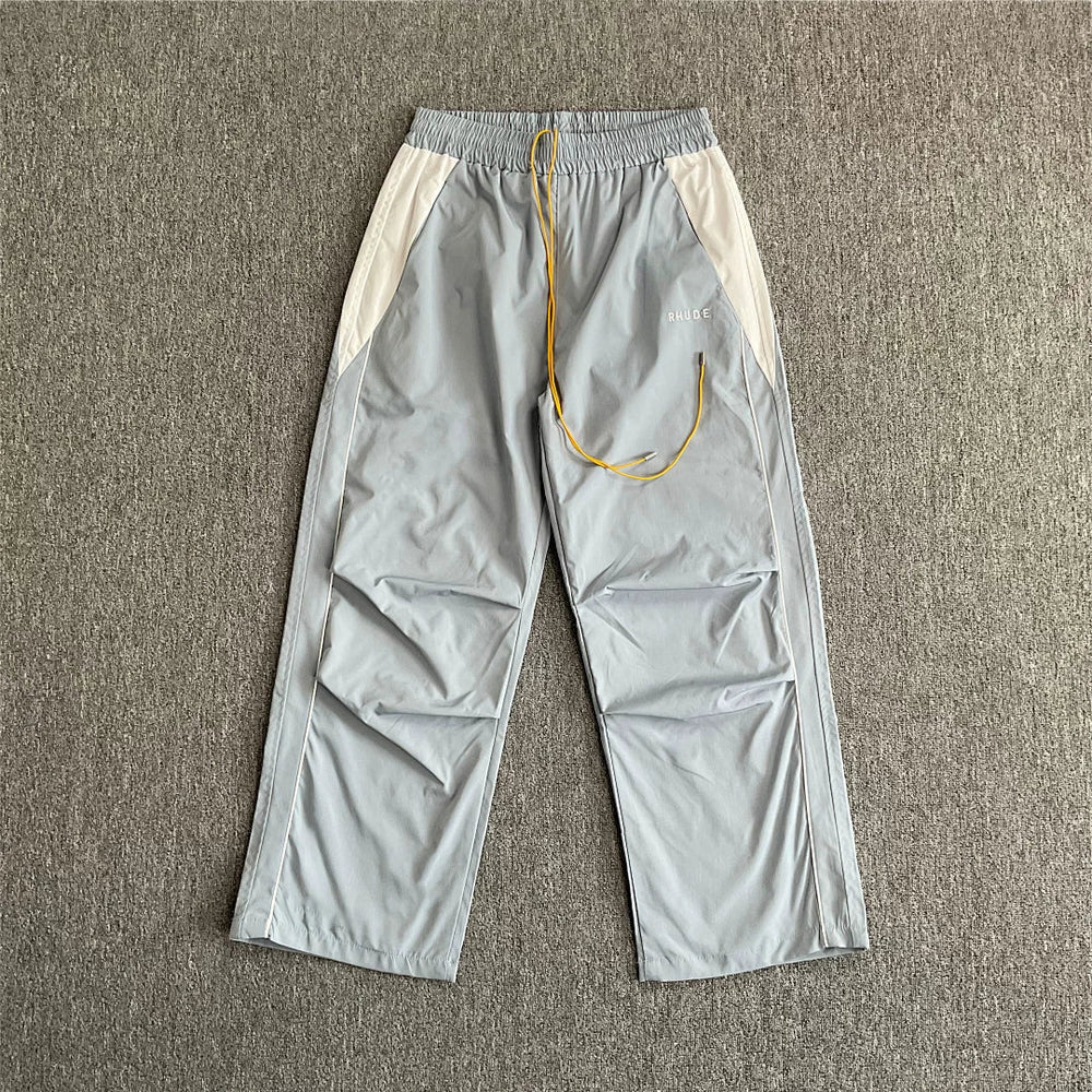 Rhude Knee Pleated Color‑Block Wide Leg Nylon Track Pants Grey