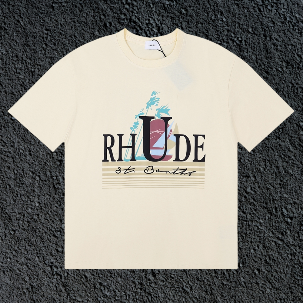 Rhude St Barts Palm Retro Striped Logo Cream Oversized T‑Shirt