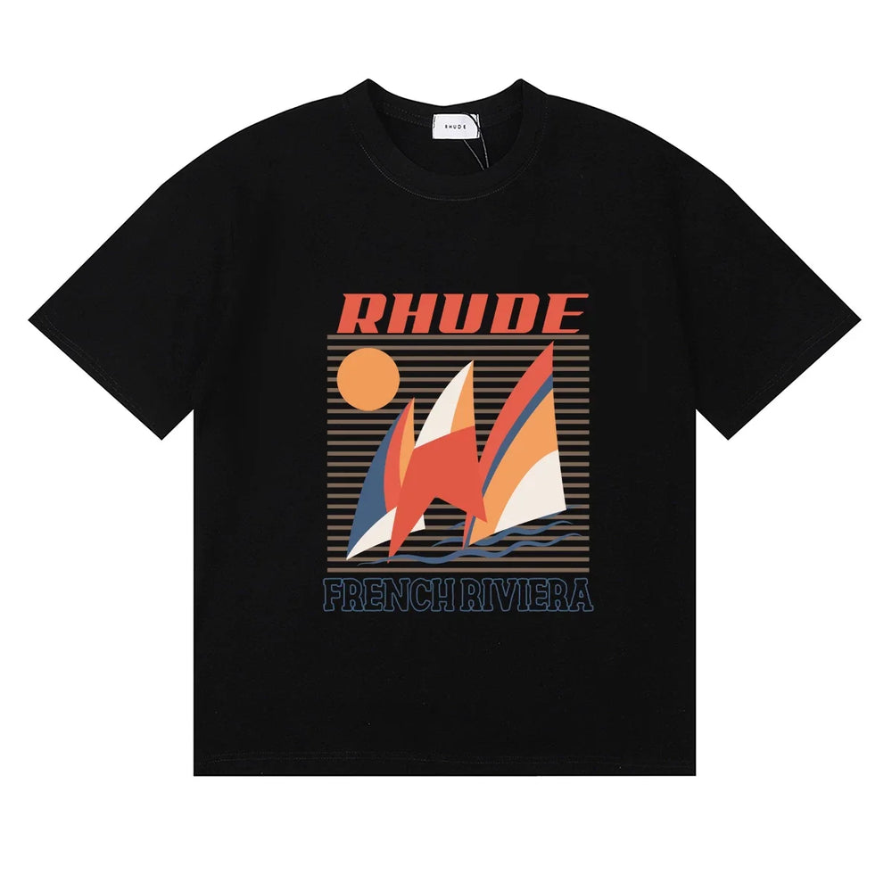 Rhude French Riviera Sailboat Retro Summer Black Oversized T‑Shirt
