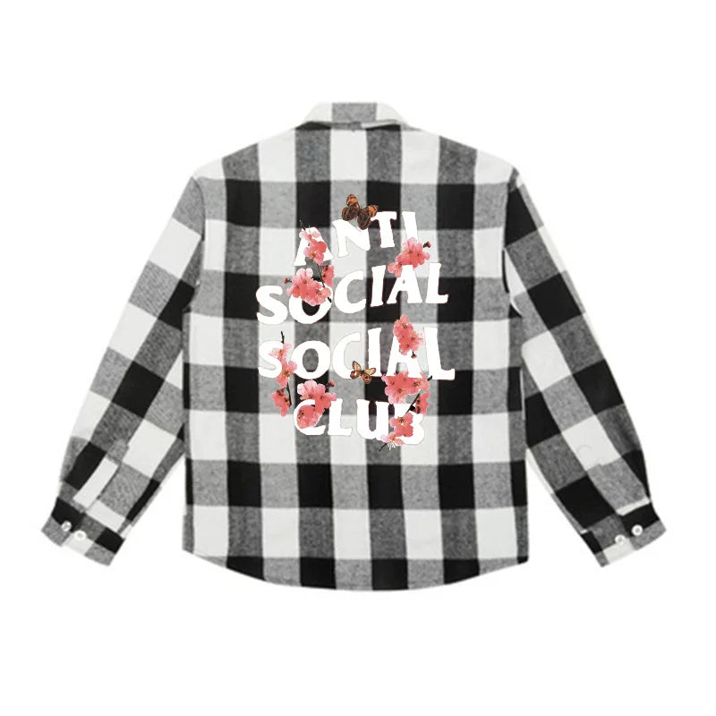 Anti Social Social Club Cherry Blossom Black White Plaid Flannel Shirt