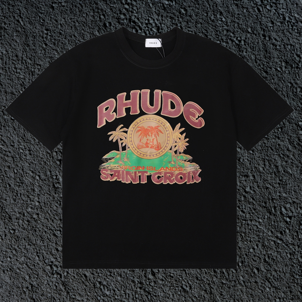 Rhude Saint Croix Palm Island Vintage Black Oversized T‑Shirt