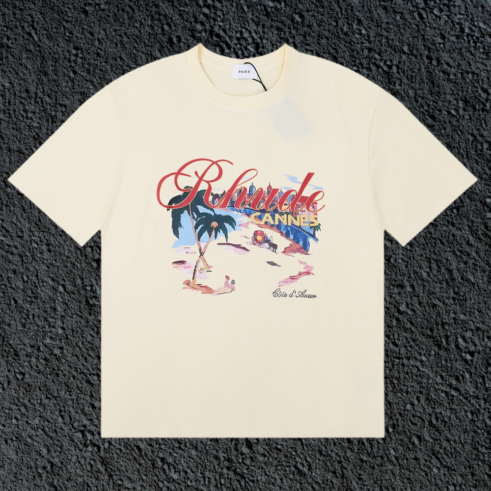 Rhude Cannes Tropical Beach Scene Script Cream Oversized T‑Shirt