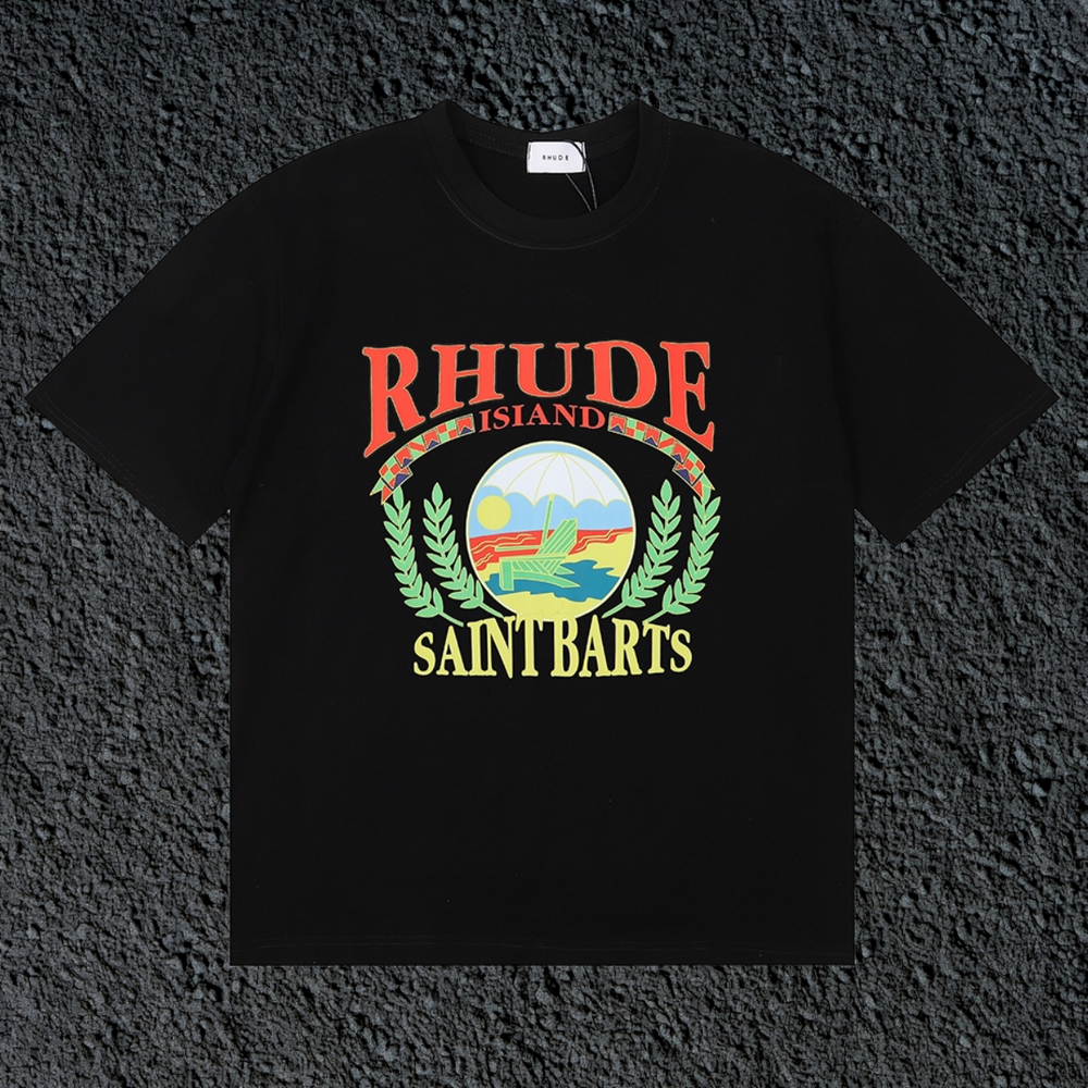 Rhude Saint Barts Island Wreath Badge Black Oversized T‑Shirt