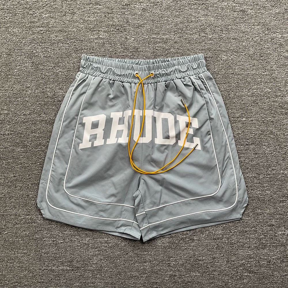 Rhude Grey Varsity Stripe Nylon Shorts