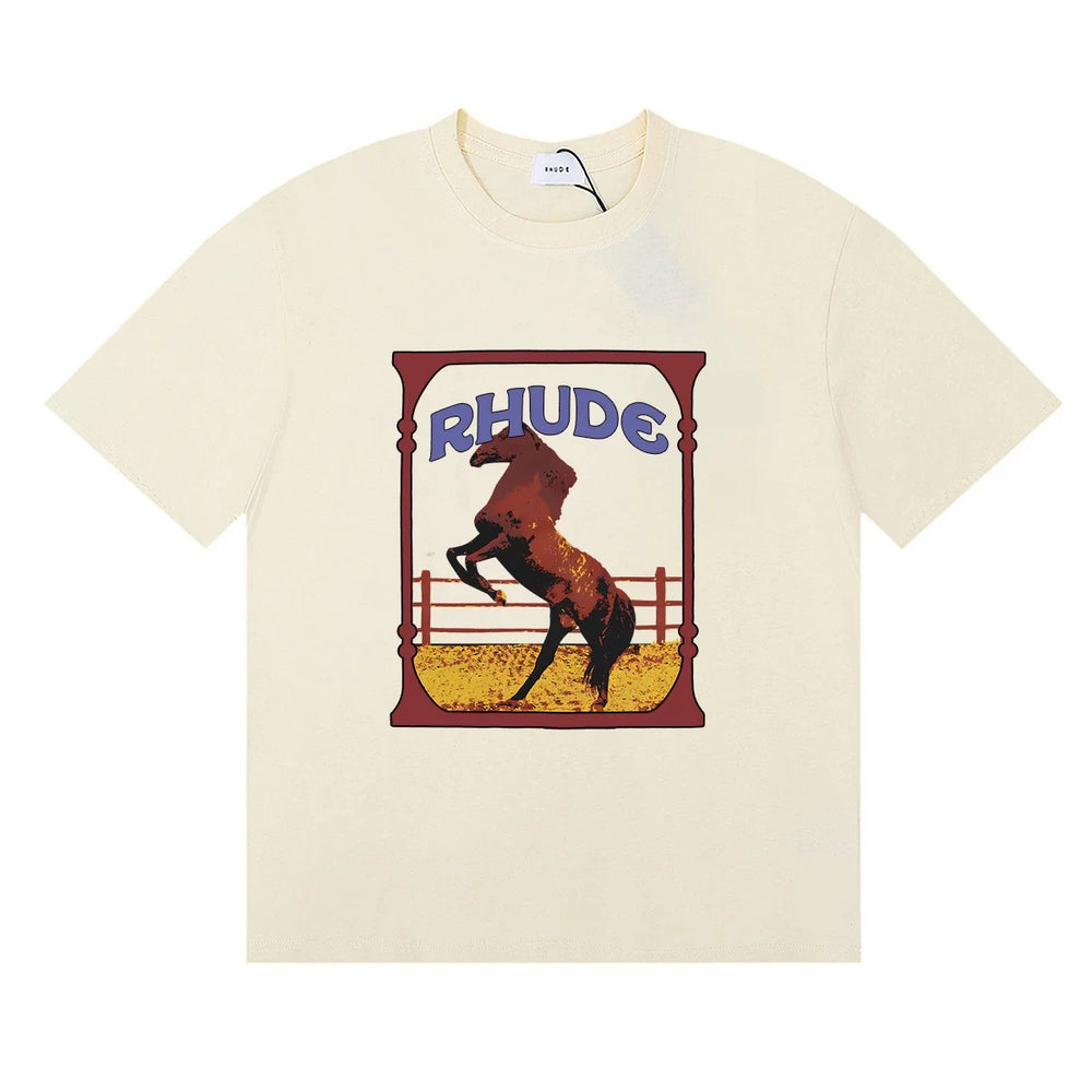 Rhude Wild Steed Horse Frame Vintage Print Cream Oversized T‑Shirt