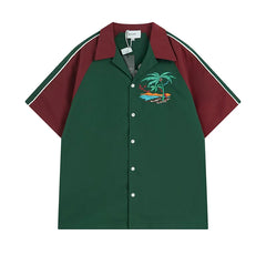 Rhude Palm Beach Embroidered Color‑Block Bowling Shirt Green Burgundy