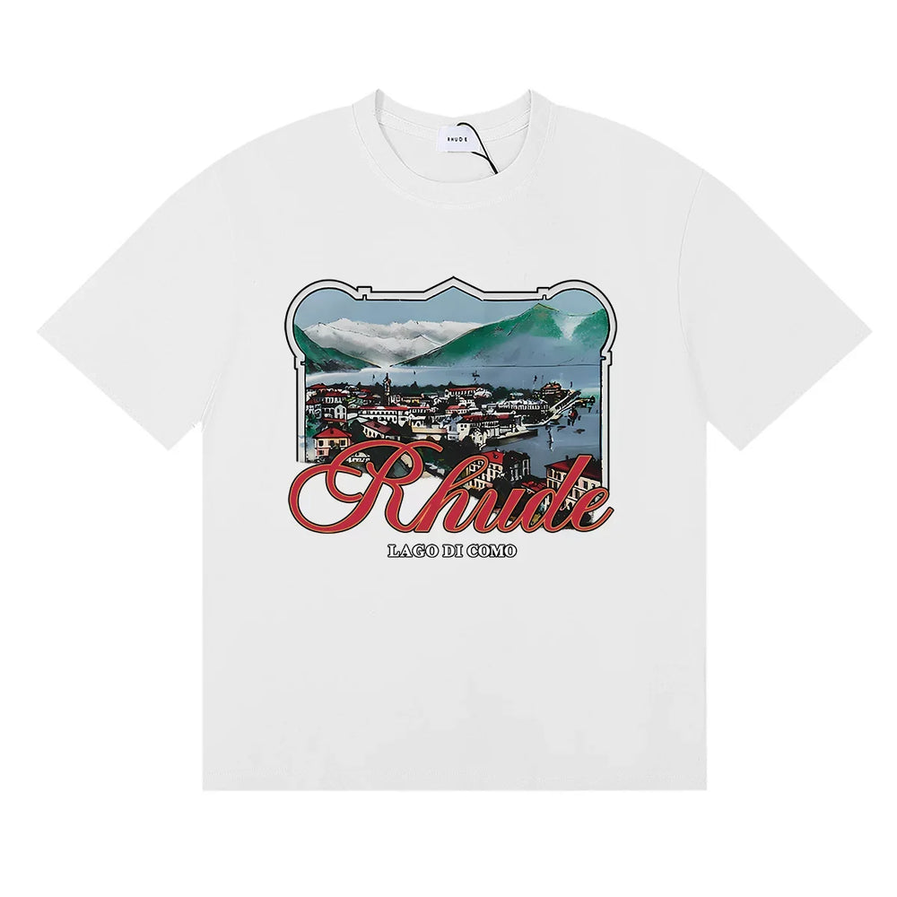 Rhude Coastal Town Postcard Scenery Red Script Logo White Oversized T‑Shirt