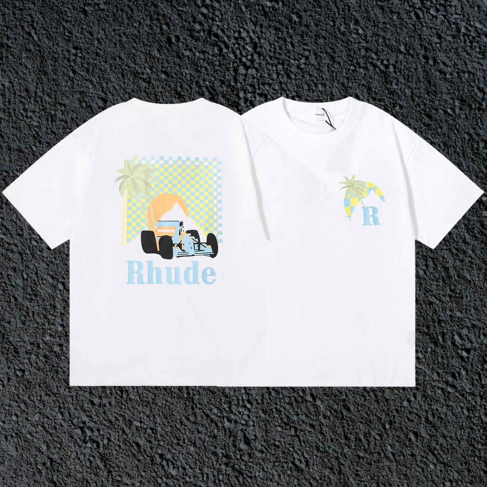 Rhude F1 Race Car Mountain Dual Sided White Oversized T‑Shirt