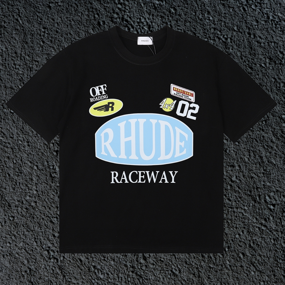 Rhude Raceway Multi‑Patch Racing Badge Black Oversized T‑Shirt