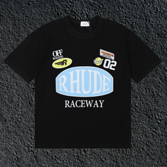 Rhude Raceway Multi‑Patch Racing Badge Black Oversized T‑Shirt