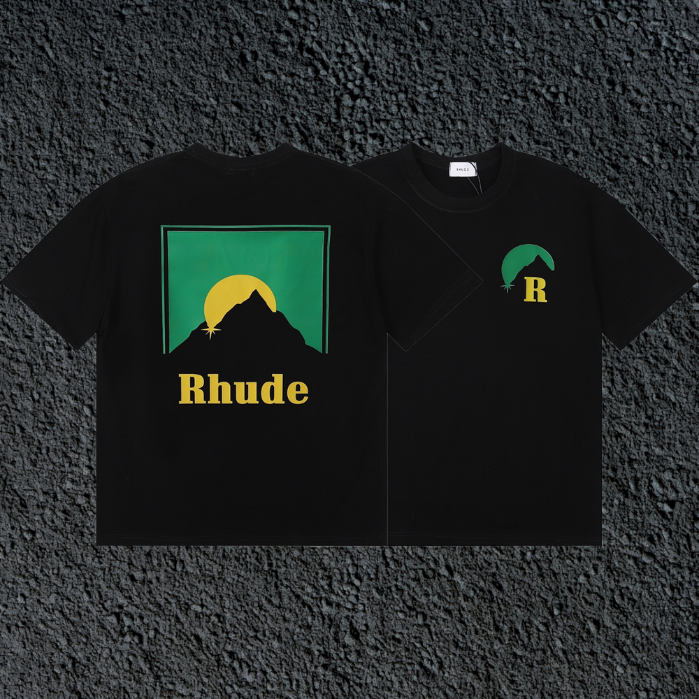 Rhude Sun Mountain Dual Sided Front Chest Back Panel Black Oversized T‑Shirt