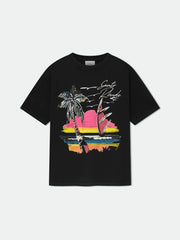 Rhude Sunset Palm Beach Surf Graphic Oversized T‑Shirt Black