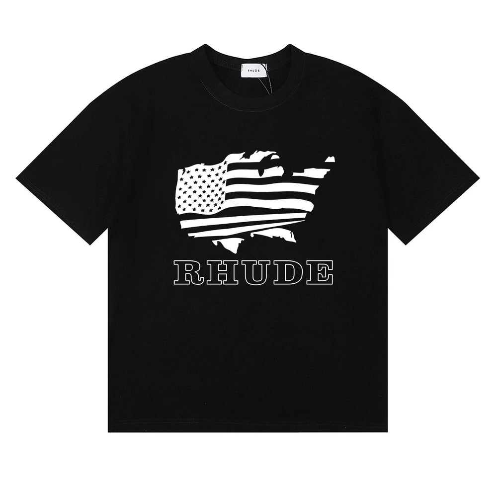 Rhude USA Map American Flag Graphic Black Oversized T‑Shirt
