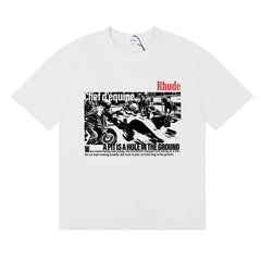 Rhude Black‑White Comic Motif Red Logo White Oversized T‑Shirt