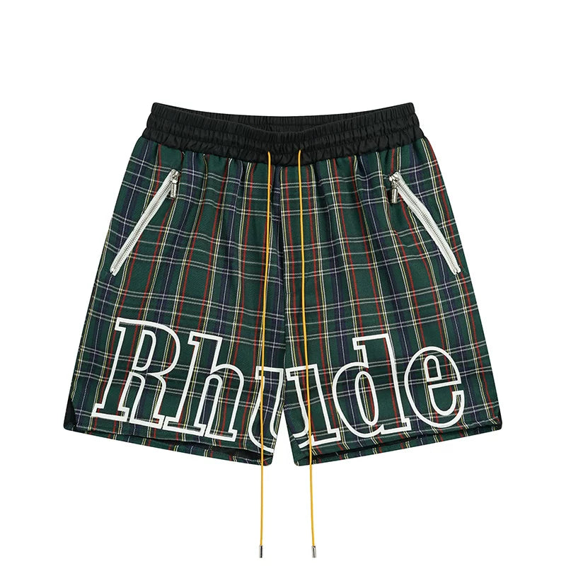 Rhude Green Tartan Plaid Outline Logo Shorts