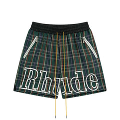 Rhude Green Tartan Plaid Outline Logo Shorts